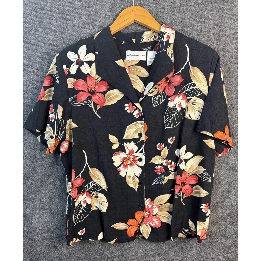 Vintage Alfred Dunner Top Women's Size 14 Black Floral Button Front Short Sleeve